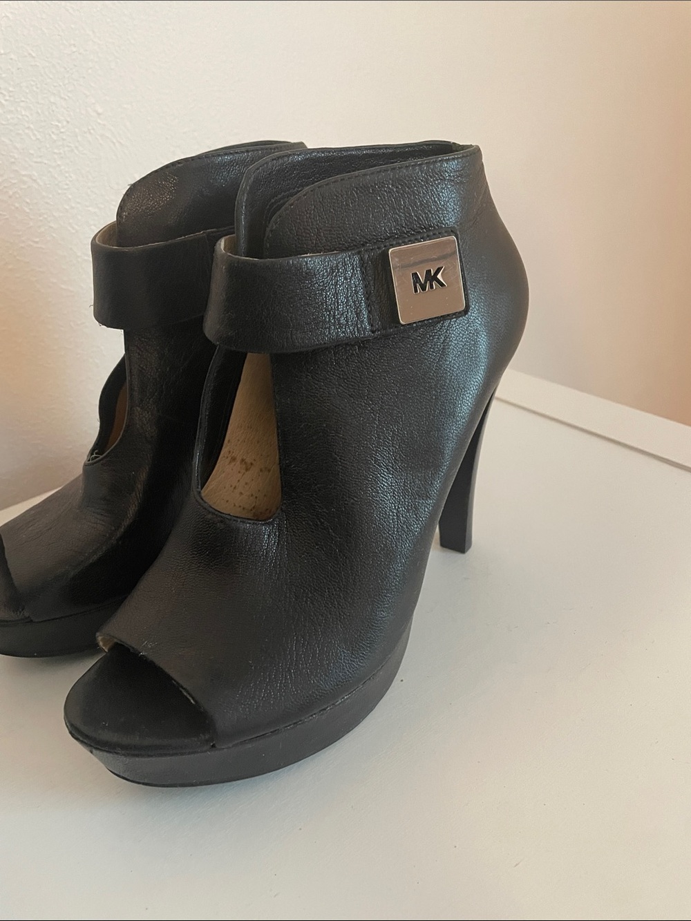 MICHAEL Michael Kors Black Leather Peep-Toe Platform Booties with MK Plaque - Picture 3 of 6